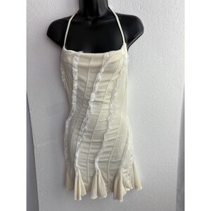 Cream Lace Trim Halter Neck Mini Dress Y2K Romantic Size XS/2 Open Back Date